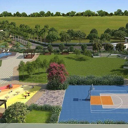 Landscaped amenity zone with play area and sports court, artist impression published by the developer for Adarsh Garden Estate