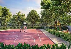Outdoor sports court in a landscaped setting, artist impression