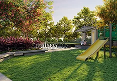 Children's play area with a slide and a shaded seat, artist impression